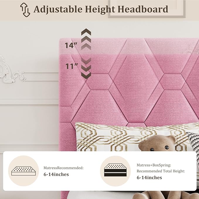 GarveeHome Twin Size Platform Bed Frame with Upholstered Headboard and Wooden Slats Support, Velvet Upholstered Mattress Foundation/No Box Spring Needed/Easy Assembly, Pink