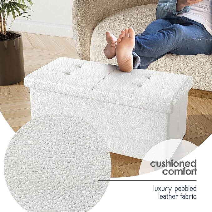 Storage Ottoman Bench with Bins, 30-in Storage Bench for Bedroom End of Bed, Folding Foot Rest Ottoman for Living Room Max 660lbs, Faux Leather Ottomans, Cream