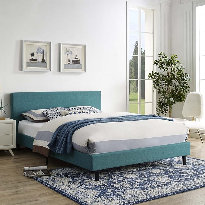 Modway Anya Upholstered Teal Full Platform Bed with Wood Slat Support