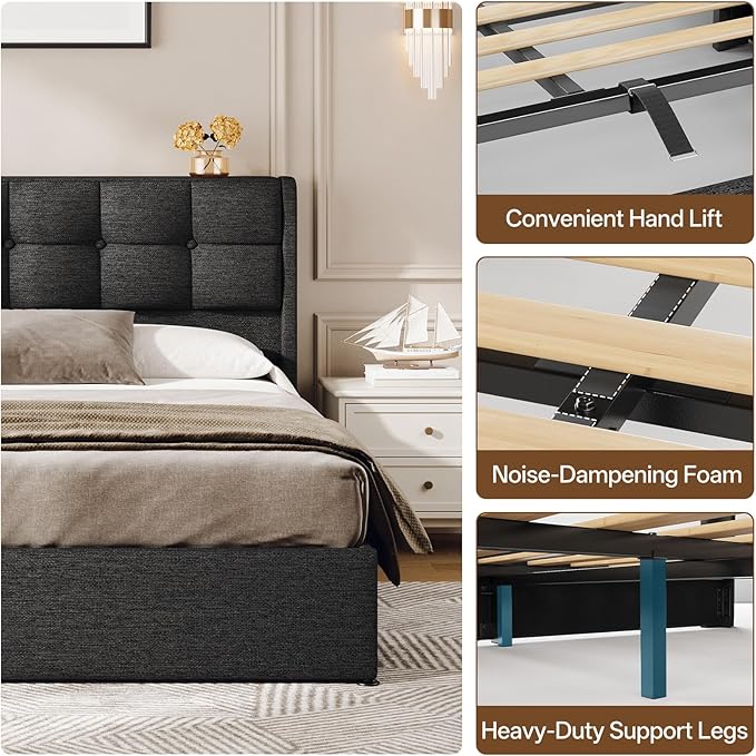 Lift Up Queen Size Bed Frame with Storage, Upholstered Queen Bed Frame with Wingback Headboard, No Box Spring Needed, Easy Assembly - Dark Grey
