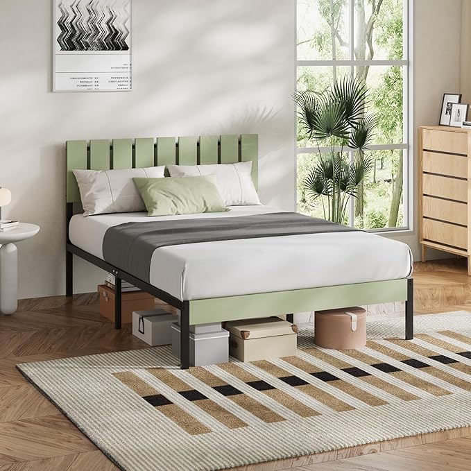 Novilla Full Size Bed Frame with Modern Wooden Slatted Headboard, Easy Assembly, Heavy Duty Metal Platform, Noise-Free, Under-Bed Storage, No Box Spring Needed