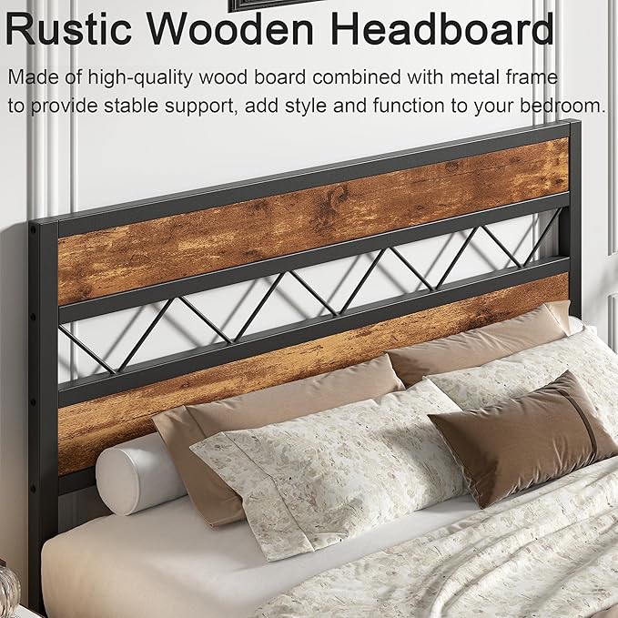 VECELO Queen Size Bed Frame with Headboard, Heavy-Duty Platform Bedframe with Metal Slats Support, No Box Spring Needed, Easy Assembly, Black & Brown