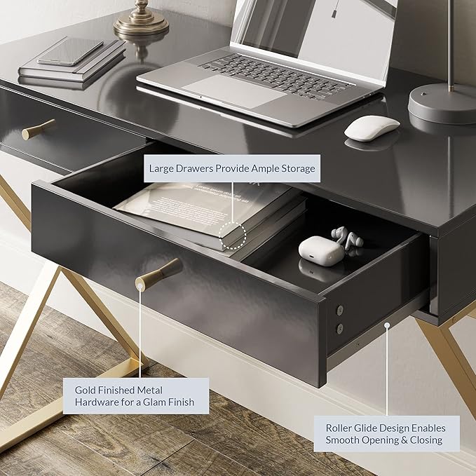 BELLEZE Modern 42 Inch Makeup Vanity Dressing Table or Home Office Computer Laptop Writing Desk with Two Storage Drawers, Wood Top, and Gold Metal Frame - Ellena (Black)