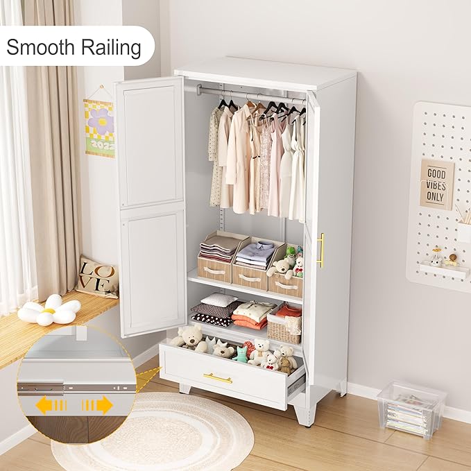 winiowa Metal Armoire Wardrobe Closet with Drawer, 71" Wardrobe Cabinet with Adjustable Shelves and Hanging Rod, Clothing Storage Cabinet Closet for Bedroom-White