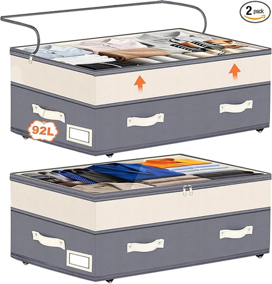 Dolicer 2 Pack Under Bed Storage with Wheels, 6in-10in Height Adjustable Underbed Storage Containers, 92L XXXL Under Bed Drawers Rolling Bin with Clear Lids for Dorm Shoes Clothes Organizer(Dark Grey)