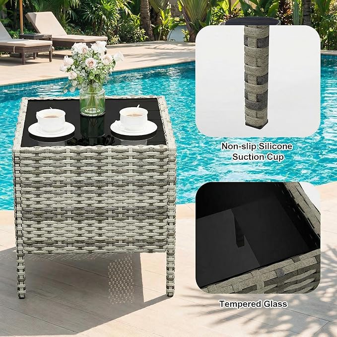GarveeHome 3-Piece Patio Bistro Set, PE Rattan Outdoor Conversation Furniture with 2 Cushioned Chairs & Coffee Table, Weather-Resistant for Backyard, Balcony, Porch (Blue Cushion)