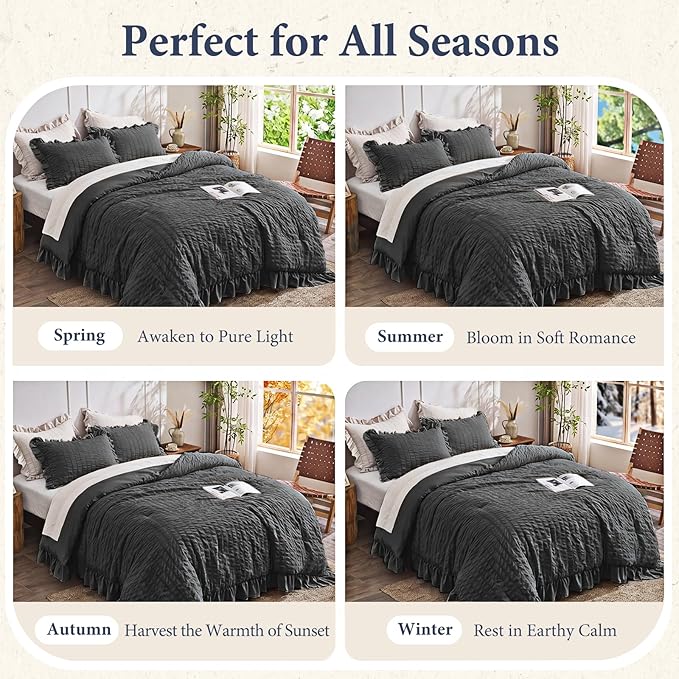 JOLLYVOGUE Black Queen Comforter Set, 3 Pieces Seersucker Comforters Queen Size, Lightweight & Fluffy Bedding Sets Queen for All Season with 1 Ruffle Comforter and 2 Ruffle Pillowshams