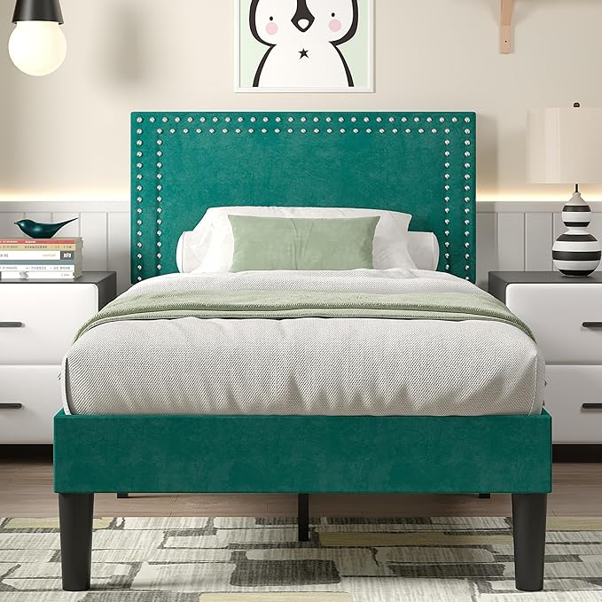 VECELO Twin Size Platform Bed Frame with Height Adjustable Upholstered Headboard, Modern Mattress Foundation,Strong Wood Slat Support, No Box Spring Needed, Easy Assembly, Dark Green