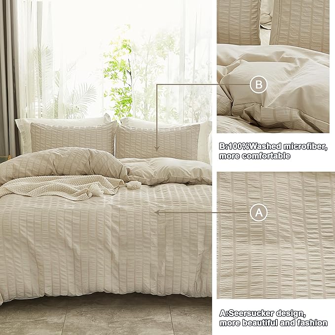AveLom Beige Seersucker Duvet Cover Set Queen Size (90 x 90 inches), 3 Pieces (1 Duvet Cover + 2 Pillow Cases), Ultra Soft Washed Microfiber, Textured Duvet Cover with Zipper Closure, Corner Ties