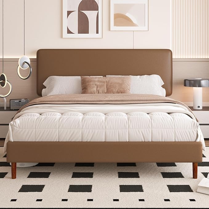 King Size Leather Platform Bed Frame with Adjustable Upholstered Headboard, Solid Wooden Legs, No Box Spring Needed, Easy Assembly, Noise Free, Brown