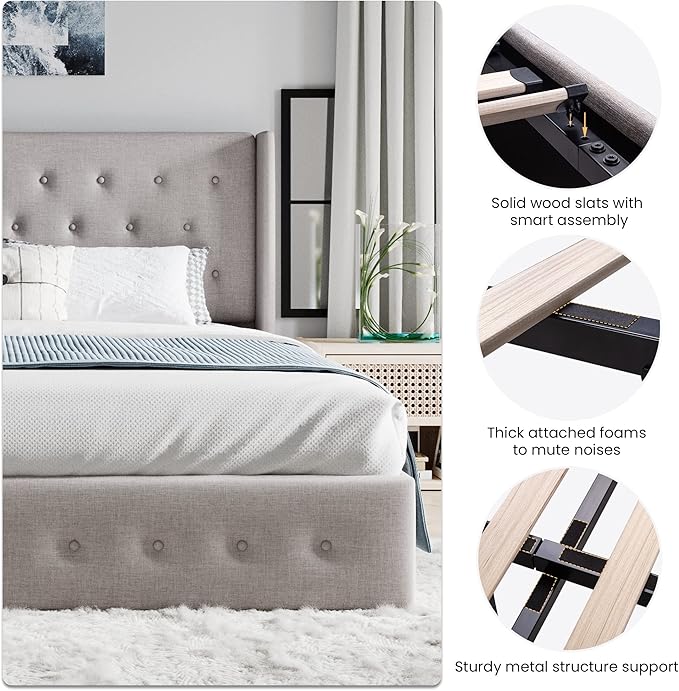 SHA CERLIN Queen Size Lift Up Storage Bed Frame,Button Tufted Wingback Headboard,Upholstered Platform,Hydraulic Storage,Wooden Slat Support,No Box Spring,Light Beige
