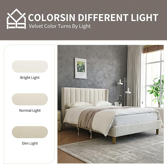 YUHUASHI upholstered Platform Bed Frame/Queen Bed Frame/Modern Geometric Double-Wing Design headboard/Velvet Fabric/Easy to Assemble no Noise (Cream, Queen (U.S. Standard))