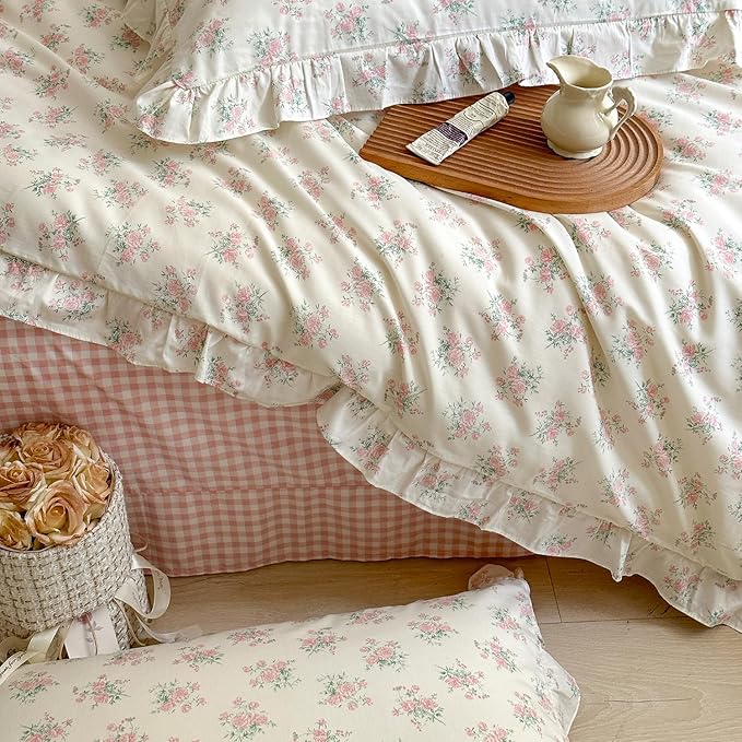 mixinni Pink Floral Duvet Cover Set Twin Size - 100% Cotton Ruffle Lace Bedding Set for Girls, Romantic Cottagecore Style Duvet Cover with Zipper Closure, Soft Aesthetic Princess Bedding-Twin