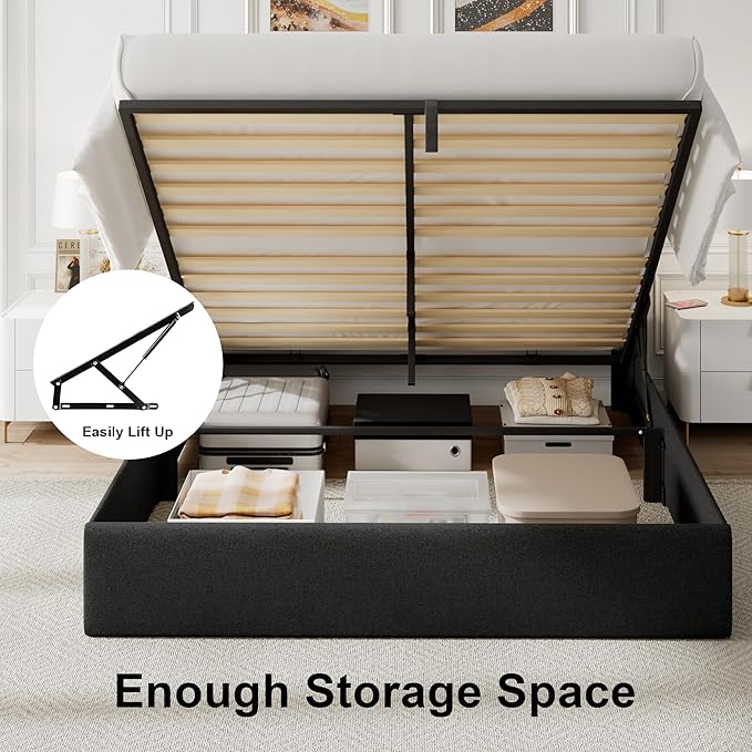 Feonase Lift Up Storage Bed Frame with Charging Station, Button Tufted Headboard Platform Bed Frame with Hydraulic Storage, Wooden Slat Support, No Box Spring Needed, Noise-Free (Black, Queen)