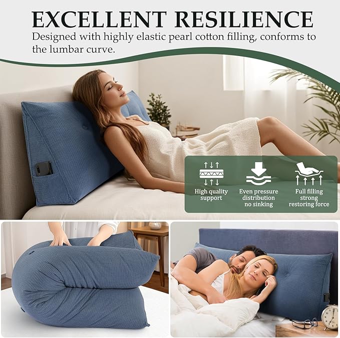 Huatean Home Soft Headboard Pillow Full Size, Wall Backrest Wedge Pillow Headboard Full, Reading Backboard Pillows, Large Dorm Daybed Bolster Pillows for Back Support with Removable Cover, Blue
