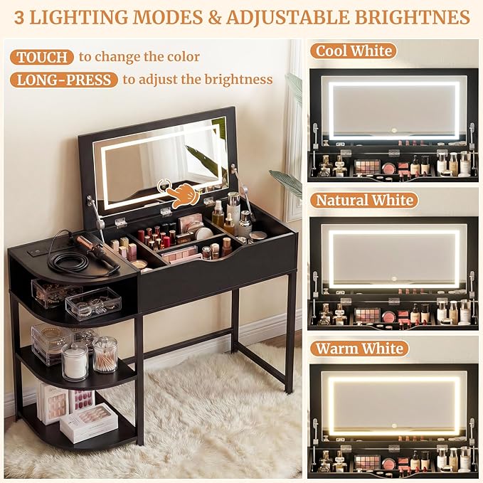 Cyclysio Vanity Desk with Flip Top Mirror and Lights, Makeup Vanity Desk with Drawers, Dressing Table with Storage Shelves & Charging Station, Small Vanity for Small Spaces, Black