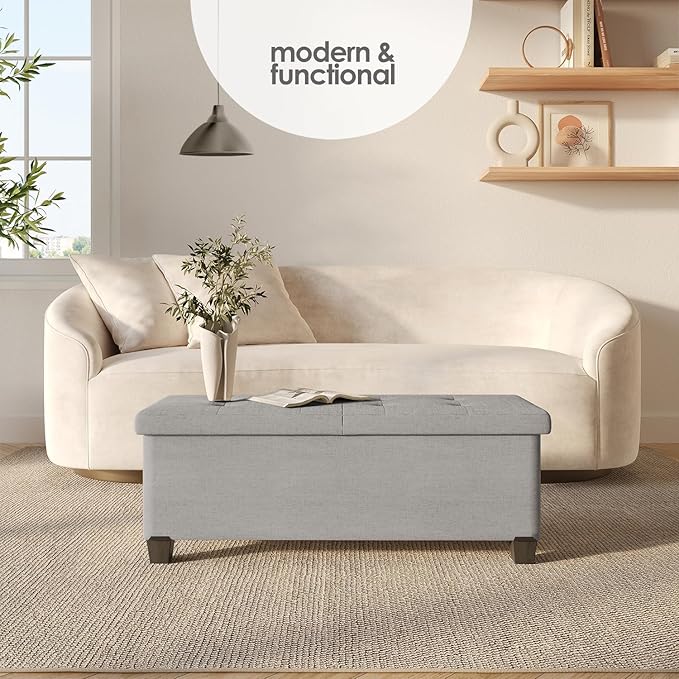 Storage Ottoman Bench with Bins, 43-in Storage Bench for Bedroom End of Bed, Folding Foot Rest Ottoman for Living Room Max 660lbs, Fabric Ottomans, Light Grey