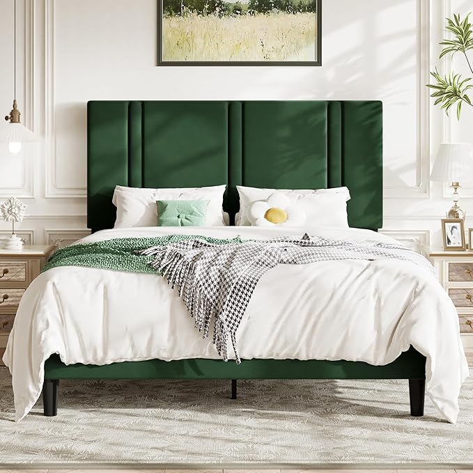 Allewie Queen Platform Bed Frame with Adjustable Headboard, Plush Velvet Upholstered, Vertical Channel Tufted, Sturdy Wooden Slats, No Box Spring Needed, Easy Assembly, Green