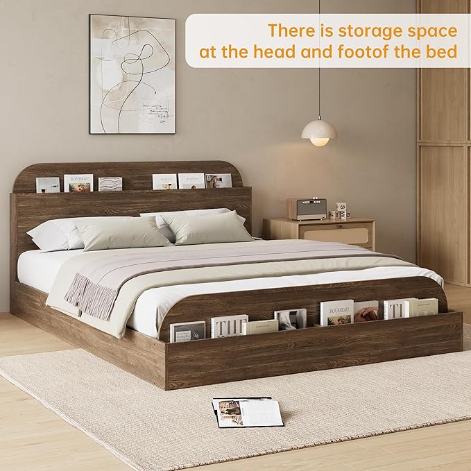 GarveeHome Queen Size Bed Frame, Wooden Beds with Storage Headboard and Raised-Foodboard, Queen-Floor Low Platform Bed for Bedroom, Sturdy Wooden Slats Support, No Box Spring Needed, Walnut