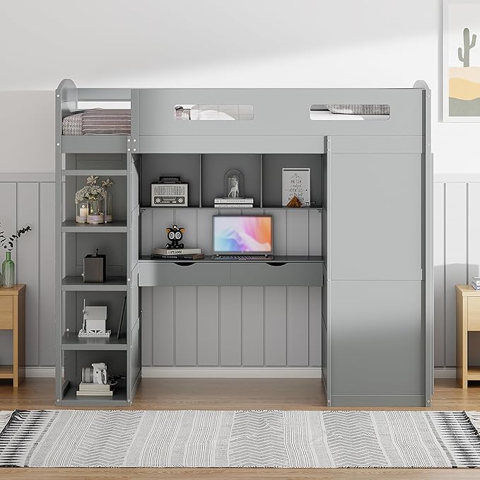 Multi-Functional Twin Size Loft Bed with Built-in Desk and Wardrobes, Solid Wood Loft Bed Frame with 4 Drawers and 4 Shelves for Kids Teens Boys Adults, Maximize Space (Gray-t)