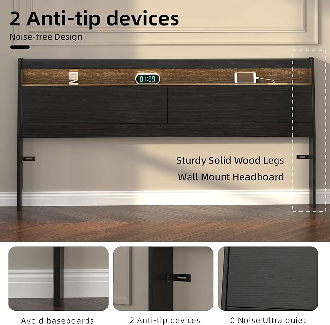 Wooden Headboard Only with Storage, Skirting Groove for Enhanced Stability, Built-in Power Outlet, 2 USB Ports & LED Light - Sturdy Stable Bed Backboard (Black, Queen)