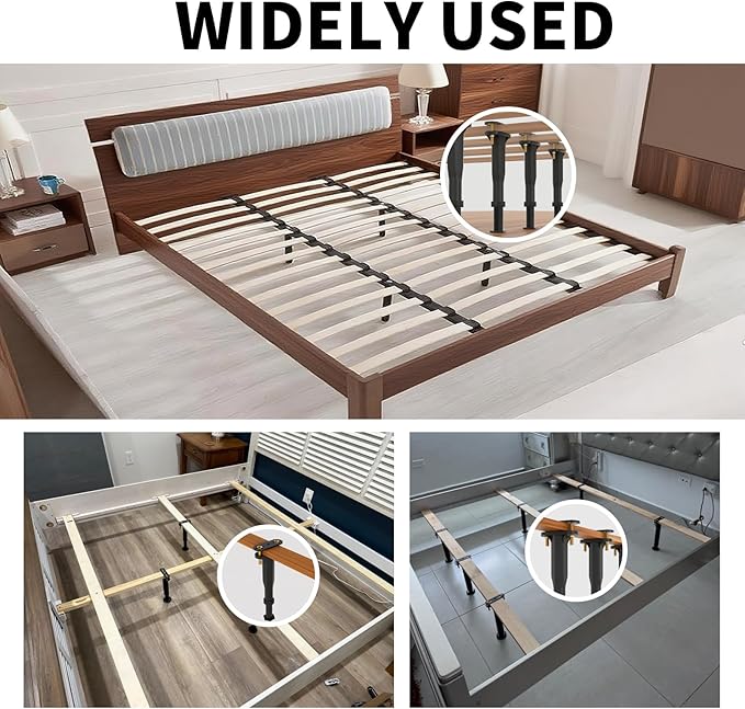 Yuleimy Adjustable Bed Center Support Legs (7.7"-13.3"), 3-in-1 Clamp-On (No Drill) & Screw-In Bed Slats Support, Heavy Duty Rust-Proof Polymer Replacement Legs for Queen King Metal/Wood Frame, 6 Pack