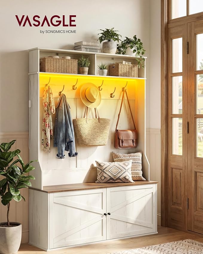 VASAGLE Hall Tree with Bench and Shoe Storage, 5-in-1 Coat Rack with Shoe Bench, Adjustable LED Light, 7 Double Hooks, Farmhouse Entryway Furniture, Rustic White UHSR653WJ03S