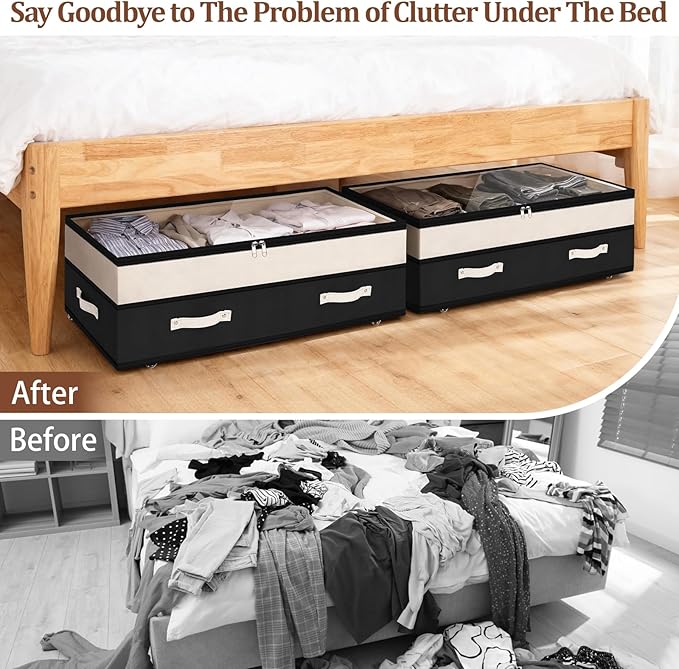Dolicer 2 Pack Under Bed Storage with Wheels, 6in-10in Height Adjustable Underbed Storage Containers, 92L XXXL Under Bed Drawers Rolling Bin with Clear Lids for Dorm Shoes Clothes Organizers(Black)