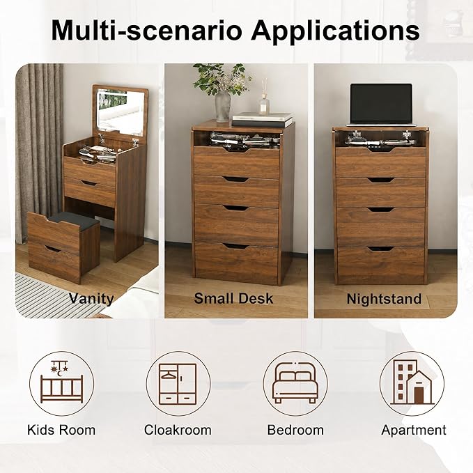 Casaphoria Vanity Desk with Mirror and Lights, 3-in-1 Flip Top Makeup Vanity Table with Stool and Storage, Compact Dressing Table for Small Space, Walnut Finish (18.9 Inch)