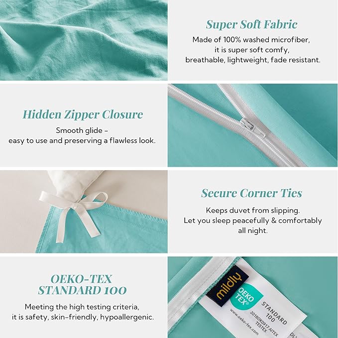 MILDLY Super Soft Duvet Cover - 100% Washed Microfiber Aqua Blue Comforter Cover Set 3 Pieces with Zipper Closure & Corner Ties (No Comforter)