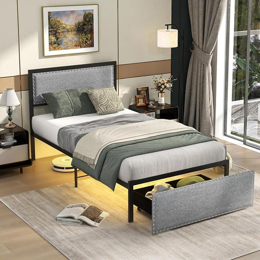 Giantex Twin Bed Frame with LED Lights and Storage Drawer, Upholstered LED Bed with Linen Fabric Headboard, Metal Slats Support, No Box Spring Needed, Twin Bed Frames for Girls Boys Teens, Grey
