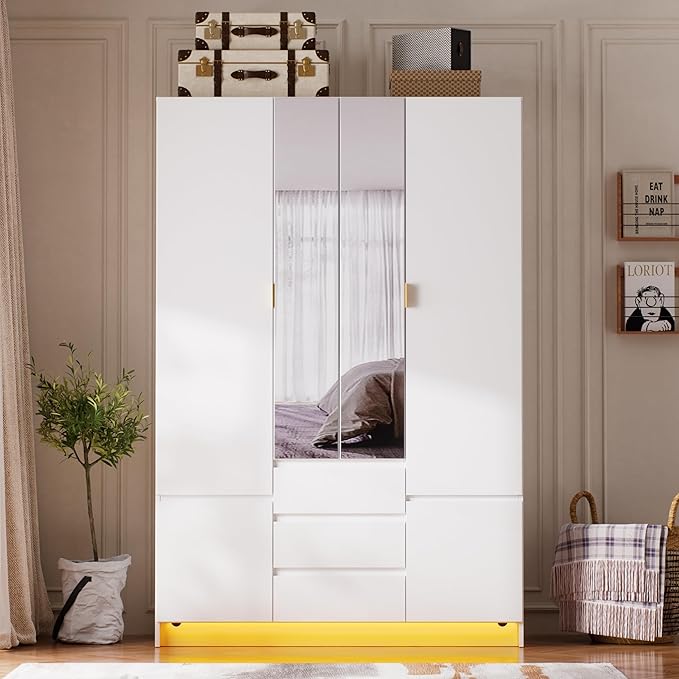 PAKASEPT 4 Doors Armoire Wardrobe Closet with Led Light & Mirror, Bedroom Large Capacity Freestanding Armoire Wardrobe with Drawers, Storage Cabinet with Hanging Rod Storage Closet for Bedroom