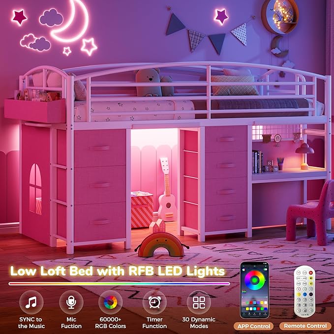 Low Loft Bed Twin Size with 7 Storage Drawers, Desk and LED Lights, Heavy Duty Metal Kids Loft Bed with 12" H Safety Guardrail, Anti-Collision Pad, Private Play Curtain, Under-Bed Play Space - Pink
