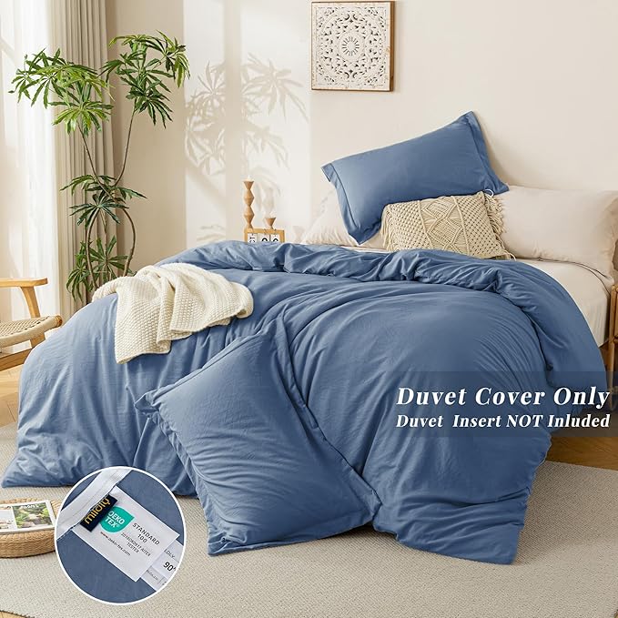 MILDLY Super Soft Duvet Cover - 100% Washed Microfiber Light Denim Comforter Cover Set 3 Pieces with Zipper Closure & Corner Ties (No Comforter)