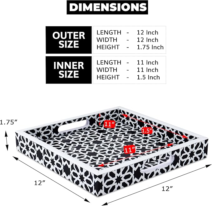 Handicrafts Home 12"x12" Ottoman Tray with Handles, Shiraz Pattern Square Serving Tray for Centerpiece, Resin Inlay Coffee Table Tray, Vanity, Breakfast, Home Décor