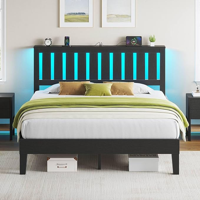 Rolanstar Full Bed Frame with Headboard, Charging Station and LED Lights, Wooden Bed Frame Foundation with Wood Slat Support, No Box Spring Needed, Black