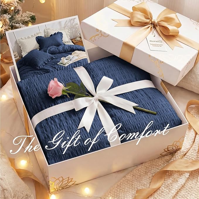 JOLLYVOGUE Navy Blue Queen Comforter Set, 3 Pieces Seersucker Comforters Queen Size, Lightweight & Fluffy Bedding Sets Queen for All Season with 1 Ruffle Comforter and 2 Ruffle Pillowshams