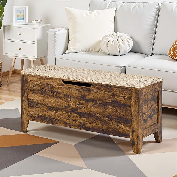 VECELO 43.3" Storage Bench with Handwoven Wicker Cushion, Lift Top Shoe Bench with Safety Hinges, Ideal for Entryway, Bedroom, Living Room, Brown