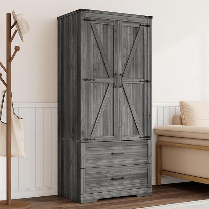 St.Mandyu Farmhouse Wardrobe Armoire Closet with 2 Doors and 2 Drawers, 70.1" Wooden Clothing Storage Cabinet, Freestanding Large Capacity Storage Wardrobe Armoire with Hanging Rod for Bedroom, Grey