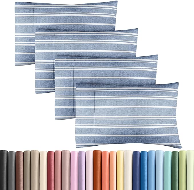 King Pillow Cases Set of 4 - Ultra Soft Hotel Quality Pillowcase Covers - Comfy, Cozy & Wrinkle Free - Shrinkage and Fade Resistant - Machine Washable Pillow Protectors - 4 Piece Set - Blue Stripes 3