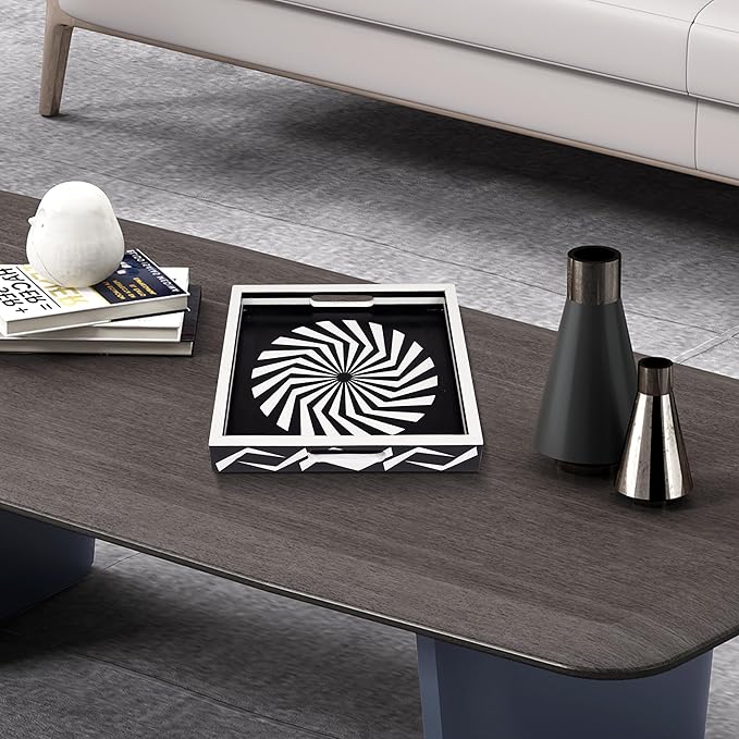 Handicrafts Home 12x12 Ottoman Tray with Handles, Black White Decorative Tray, Resin Inlay Coffee Table Tray for Living Room Decor, Modern Geometric Illusion Optic Pattern Square Serving Tray