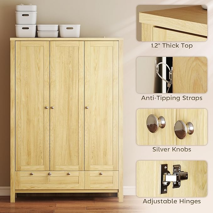 HOMCOM 3 Door Armoire Wardrobe Closet with 2 Drawers, 69" Clothing Storage Cabinet with Lockable Large Drawer, Hanging Rod and Storage Shelves for Bedroom, Wardrobe Cabinet, Natural