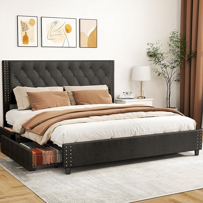 EVLIQUIL Bed Frame King Size with 4 Storage Drawers, Upholstered Headboard & Frame, Sturdy Metal Frame & Wood Slats, Platform Bed Frame No Box Spring Needed, Easy Assembly, Black