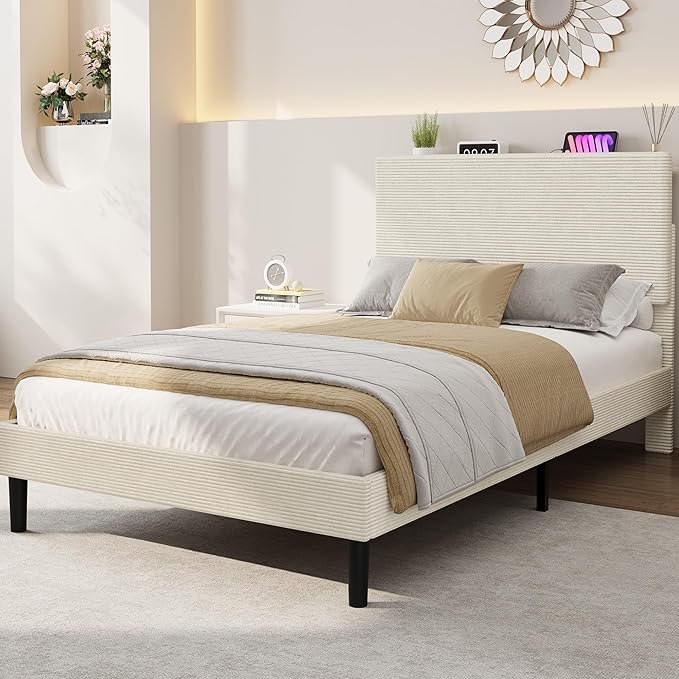IDEALHOUSE Twin Size Bed Frame, Platform Bed with Adjustable Corduroy Upholstered Storage Headboard and Charging Station, Sturdy Metal Support, Noise Free, Easy Assembly, Beige