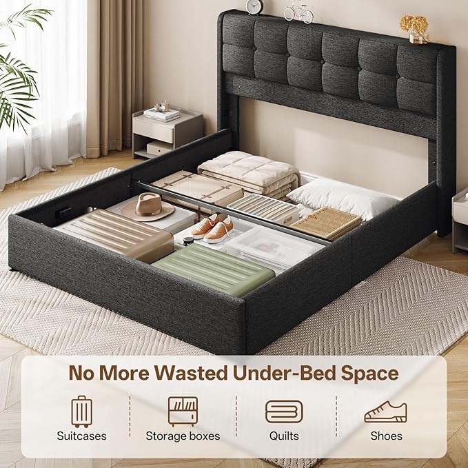 Lift Up Queen Size Bed Frame with Storage, Upholstered Queen Bed Frame with Wingback Headboard, No Box Spring Needed, Easy Assembly - Dark Grey