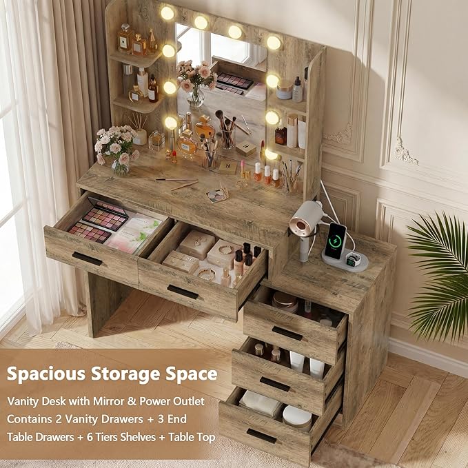 Furmax Makeup Vanity Desk with Mirror and Power Outlet, Vanity with 3 Color Light Options Adjustable Brightness, Vanity Table with 5 Drawers, 6 Storage Shelves, Nightstands (Rustic Oak)