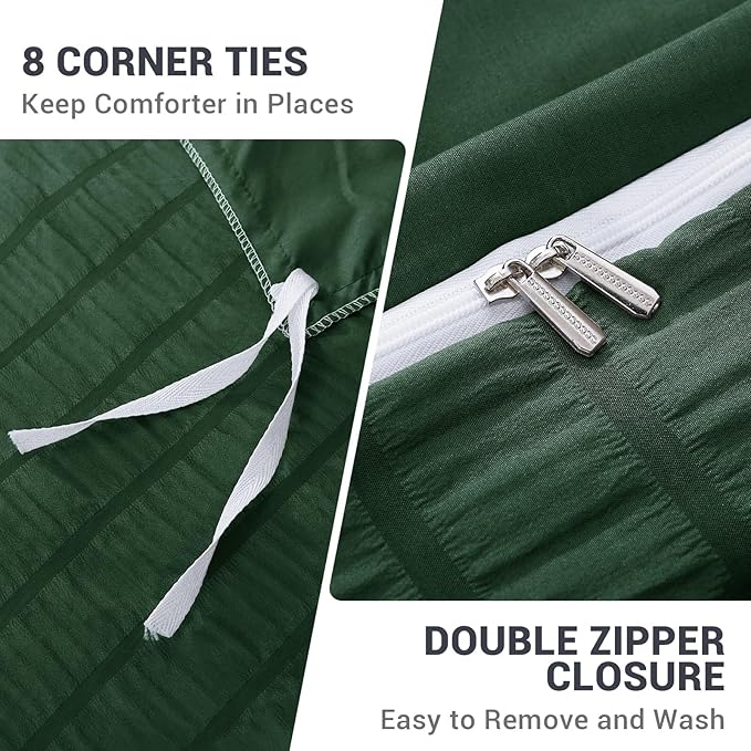 HYMOKEGE Dark Green Duvet Cover King Size, Ultra Soft 3-Piece Seersucker Duvet Cover Set with Zipper Closure, Soft Brushed Microfiber Bedding Set with 8 Corner Ties (104"x90", 2 Pillowshams)