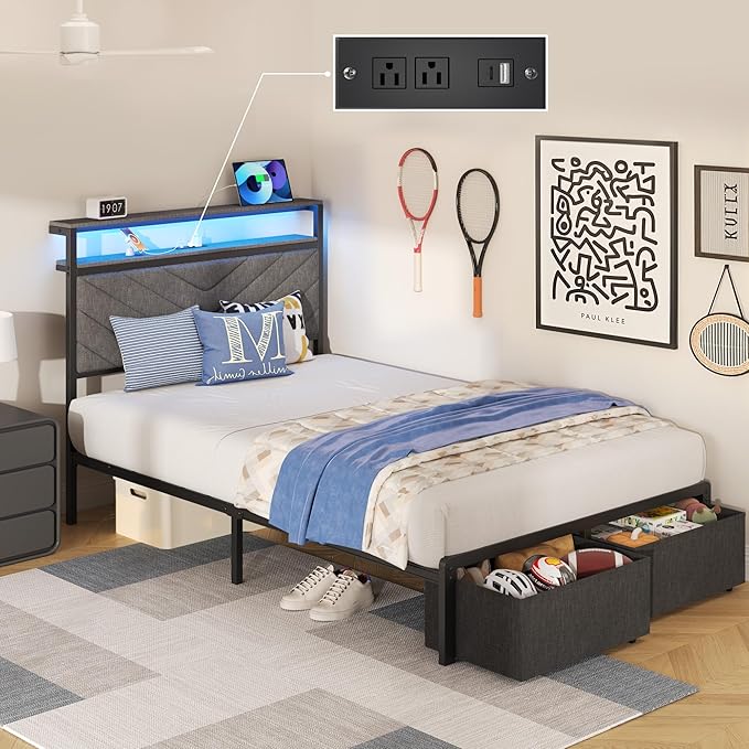 HISOFT Twin Bed Frame with Charging Station, LED Lights & 2 Storage Drawers, Grey Platform Bed with Upholstered Headboard, Under-Bed Storage, No Box Spring Needed, Easy Assembly, Strong Metal Support