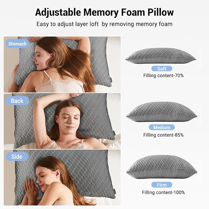 puredown® Pillows Standard Size Set of 2, Shredded Memory Foam Pillows, Cooling Pillow for Sleeping, Bed Pillows Standard Size with Adjustable Foam for Side, Back and Stomach Sleepers, Grey