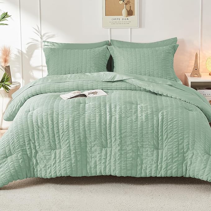 HYMOKEGE Sage Green Twin Comforter Set Seersucker 5 Pieces, All Season Luxury Bed in a Bag for Bedroom, Bedding Set with Comforters, Sheets, Pillowcase & Sham